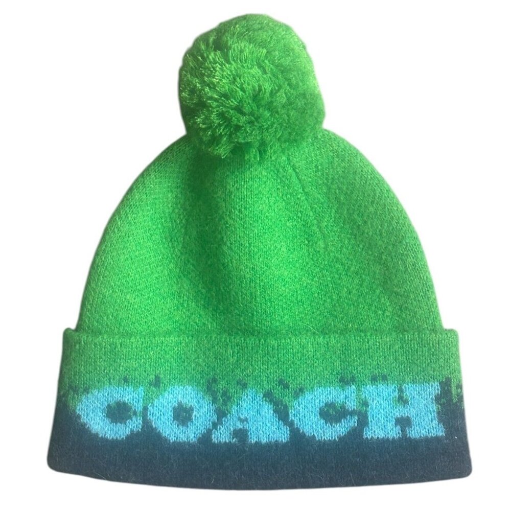 COACH Color Block Pom Beanie Toque Light Pine CO100152 Wool Alpaca - One Size